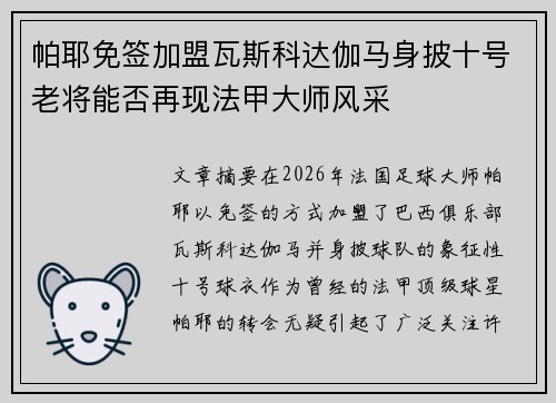 帕耶免签加盟瓦斯科达伽马身披十号老将能否再现法甲大师风采 帕耶免签加盟瓦斯科达伽马身披十号老将能否再现法甲大师风采
